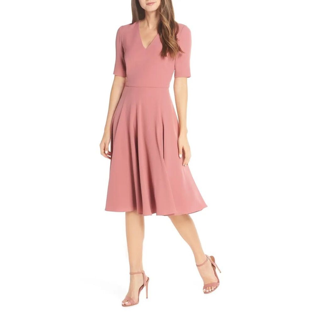 Gal Meets Glam Edith City Crepe Fit And Flare Midi Dress in Blush Pink Size 6